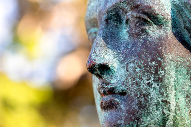 istock Closeup profile of old bronze statue, background with copy space 1155502960