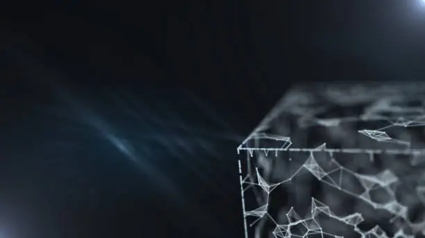 Photo of Cropped illuminating blockchain 3d rendering transparent cube with binary data.