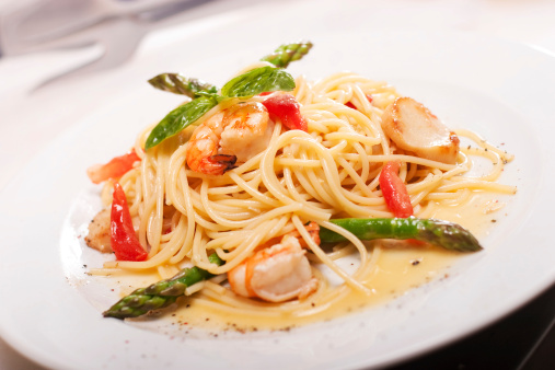 pasta with seafoods, close-up