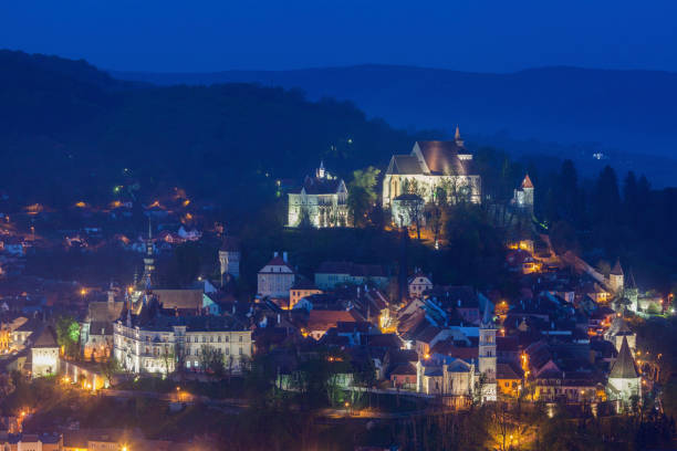 aerial panorama of sighisoara - sighisoara romania sunlight day imagens e fotografias de stock