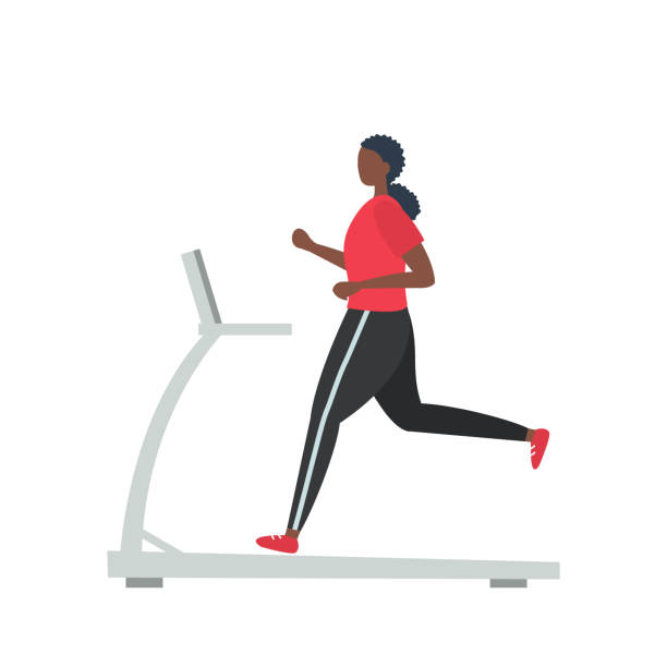 Young black woman in a sporty uniform is running on a treadmill Young black woman in a sporty uniform is running on a treadmill. People icon. Funny flat style. Vector illustration. treadmill stock illustrations