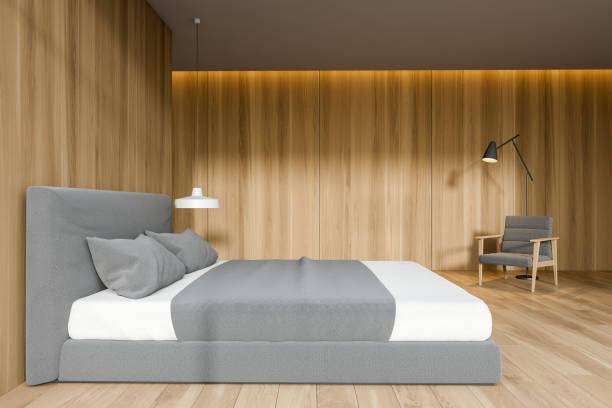 istock Modern design wooden bedroom interior. 1155508718