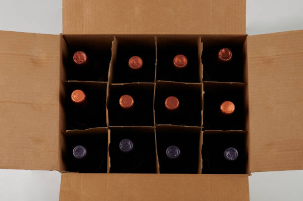 Wine bottles in open case Wine bottles in open case above top view wine shipping stock pictures, royalty-free photos & images