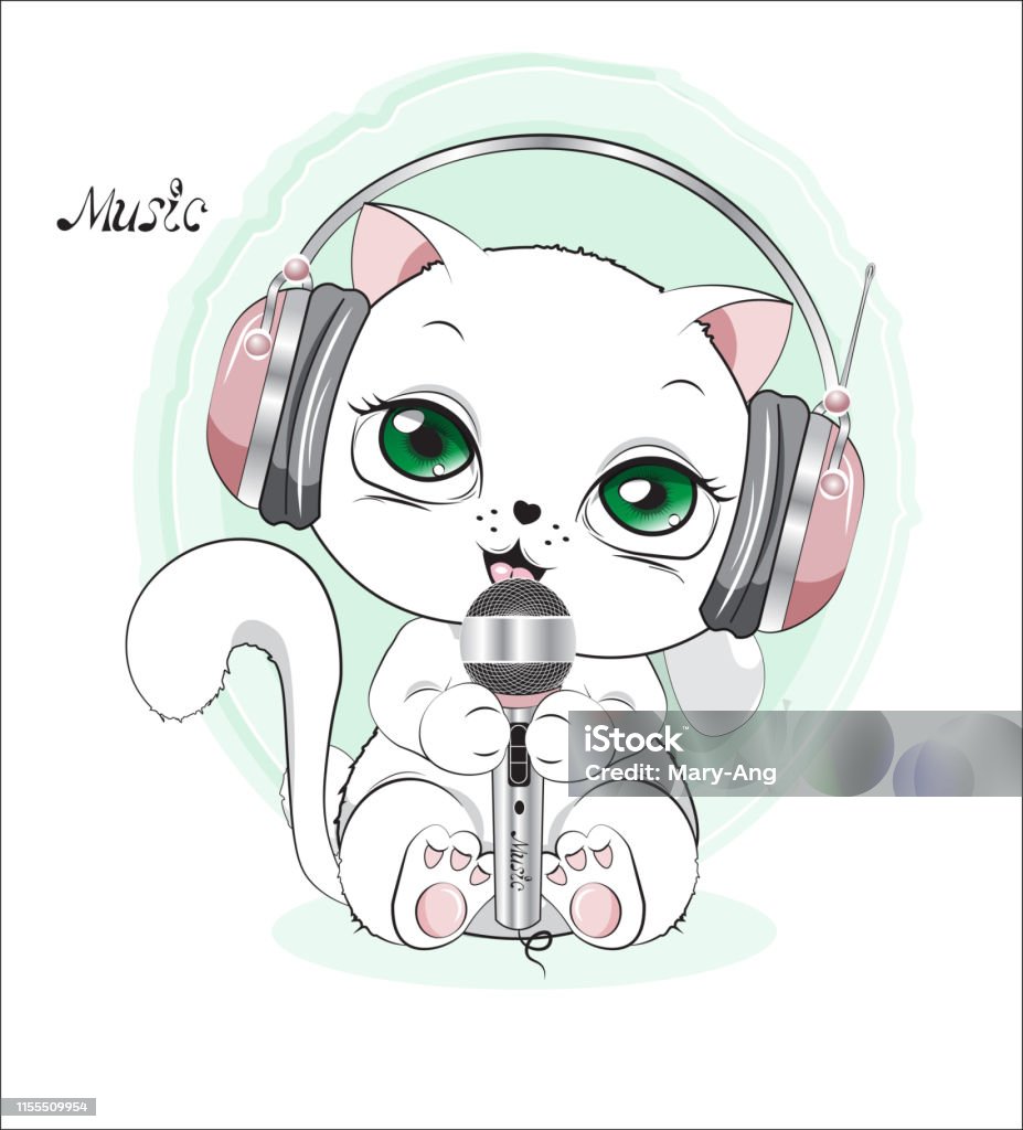 gatito blanco con auriculares - arte vectorial de Karaoke libre de derechos
