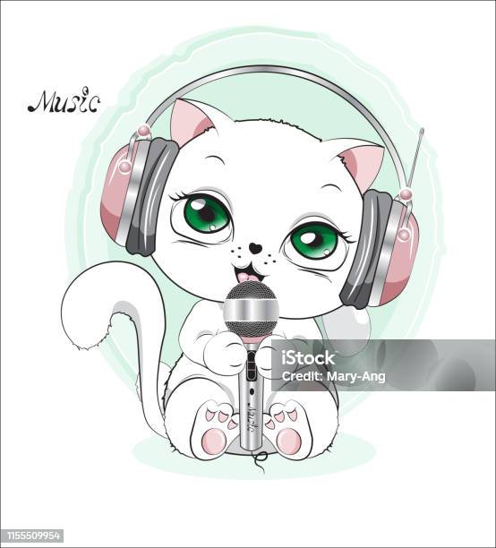 Ilustración de Gatito Blanco Con Auriculares y más Vectores Libres de Derechos de Karaoke - Karaoke, Alegre, Animal