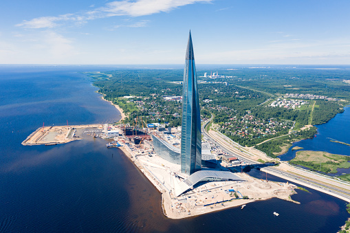 St. Petersburg, Russia - June 11, 2019: St. Petersburg, Lakhta Center and the Gulf of Finland from a bird's-eye view from a bird's-eye view