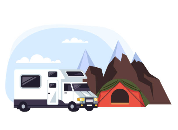 кемпинг ван концепции. вектор плоский мультфильм графический дизайн изолированные иллюстрации - mobile home camping isolated vehicle trailer stock illustrations