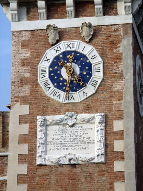 Arsenal antique clock tower in Venice Biennial Venice 2017 Arsenal antique clock tower in Venice below plate inscribed in Latin Italy Europe venice biennale stock pictures, royalty-free photos & images