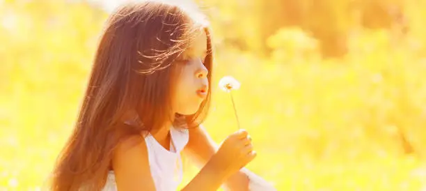 Photo of Sunny summer portrait little girl child blowing dandelion flower