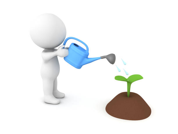 istock 3D Character watering a plant in the soil 1155520293