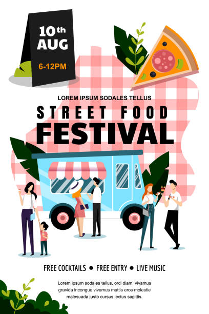 Street food festival poster or banner design template. Summer weekend and events outdoor leisure. Vector illustration. Street food festival poster, banner design template. Spring and summer weekend and events outdoor leisure. Vector flat cartoon illustration. Food truck and people eat on red checkered plaid background street food stock illustrations