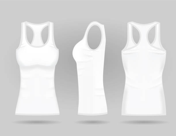 istock Blank women's white tank top in front, back and side views. Realistic female sport shirts 1155524961
