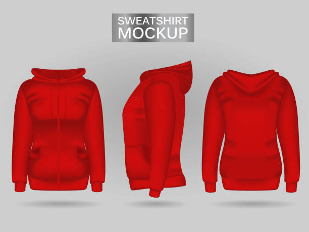 istock Blank women's red sweatshirt hoodie in front, back and side views. Realistic female clothes 1155524965
