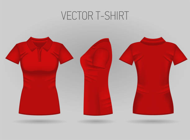 istock Blank women's red short sleeve polo shirt in front, back and side views. Realistic female t-shirts 1155524971