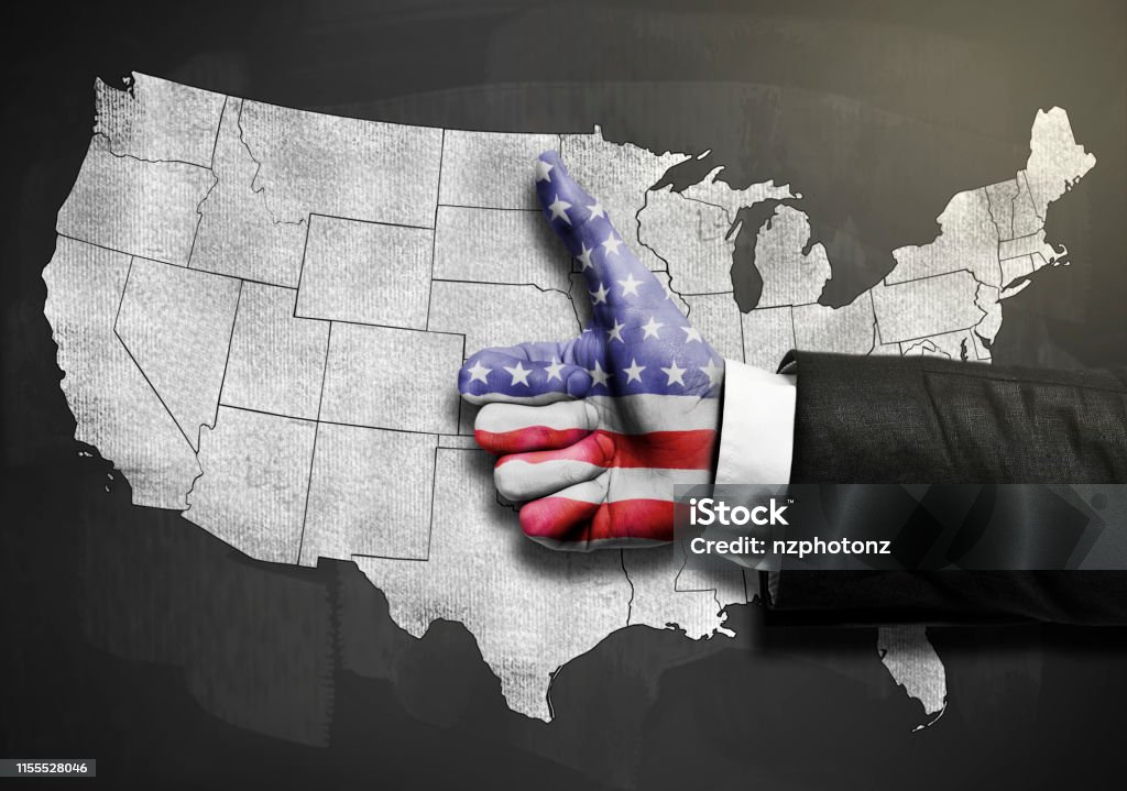 Businessman with thumbs map with USA flag over USA map on blackboard / Flag concept (Click for more) Alabama - US State Stock Photo