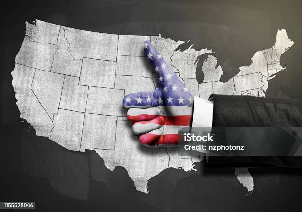 Businessman With Thumbs Map With Usa Flag Over Usa Map On Blackboard Flag Concept Stock Photo - Download Image Now