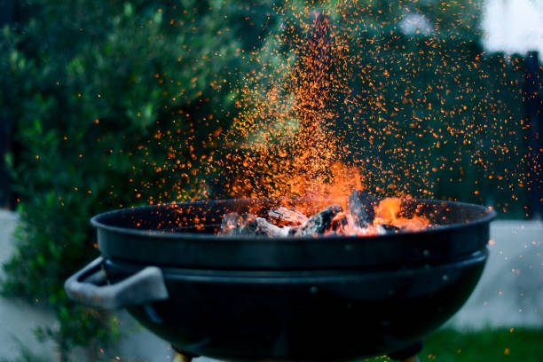 barbeque feuer funken - kohlezeichnung stock-fotos und bilder