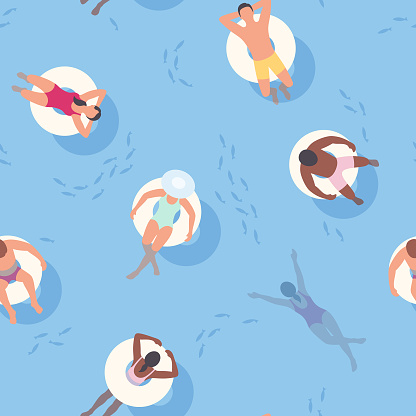 This illustration of people relaxing on inflatables repeats seamlessly, making it an ideal background for your summer design project. The illustrator 10 vector file can be coloured and customized to suit your needs and scaled infinitely without any loss of quality.