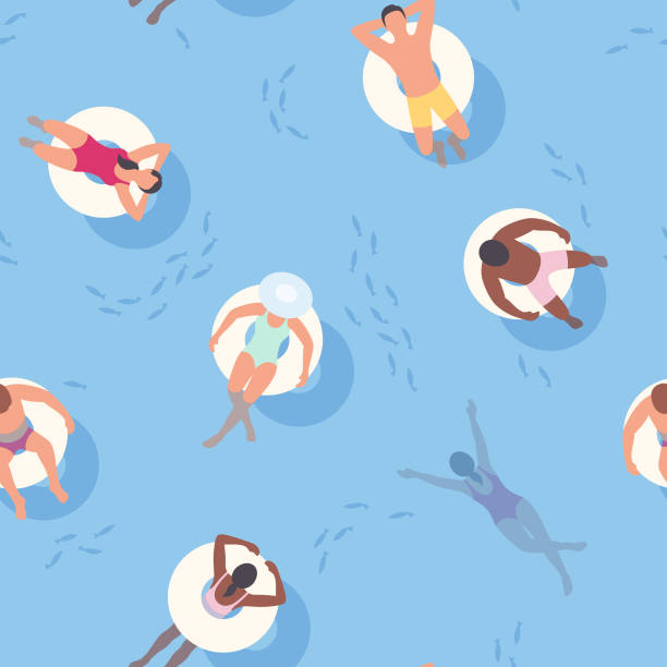 Seamless Summer Background with People relaxing on Inflatable Rings This illustration of people relaxing on inflatables repeats seamlessly, making it an ideal background for your summer design project. The illustrator 10 vector file can be coloured and customized to suit your needs and scaled infinitely without any loss of quality. swimming pool background stock illustrations