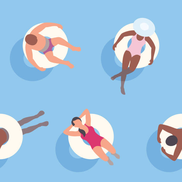 ilustrações, clipart, desenhos animados e ícones de fundo sem emenda do verão com os povos que relaxam em anéis infláveis - floating on water swimming pool men water