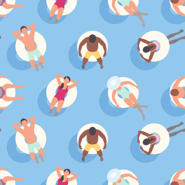 Seamless Summer Background with People relaxing on Inflatable Rings This illustration of people relaxing on inflatables repeats seamlessly, making it an ideal background for your summer design project. The illustrator 10 vector file can be coloured and customized to suit your needs and scaled infinitely without any loss of quality. travel patterns stock illustrations