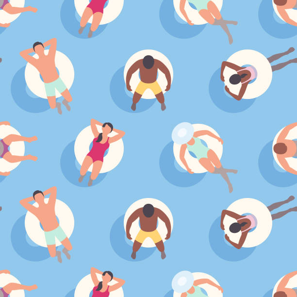 Seamless Summer Background with People relaxing on Inflatable Rings This illustration of people relaxing on inflatables repeats seamlessly, making it an ideal background for your summer design project. The illustrator 10 vector file can be coloured and customized to suit your needs and scaled infinitely without any loss of quality. inflated pool stock illustrations