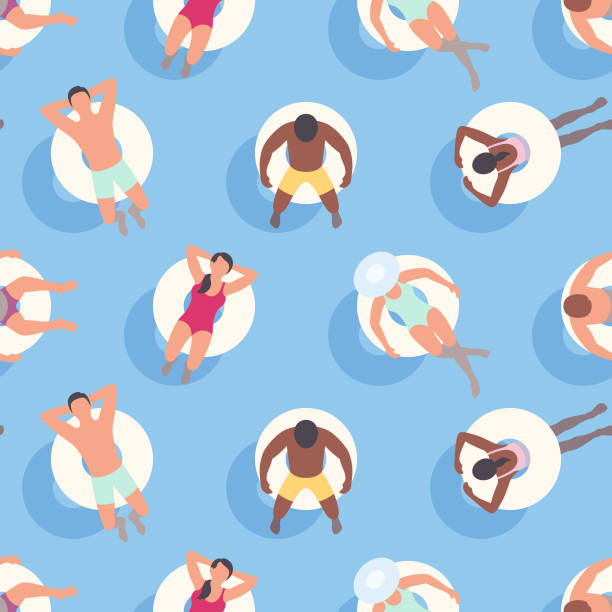 Seamless Summer Background with People relaxing on Inflatable Rings This illustration of people relaxing on inflatables repeats seamlessly, making it an ideal background for your summer design project. The illustrator 10 vector file can be coloured and customized to suit your needs and scaled infinitely without any loss of quality. inner tube stock illustrations