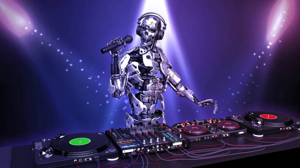 istock DJ Robot, disc jockey cyborg with microphone playing music on turntables, android on stage with deejay audio equipment, close up view, 3D render 1155532173