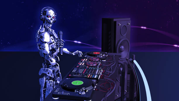 istock DJ Robot, disc jockey cyborg with microphone playing music on turntables, android on stage with deejay audio equipment, side view, 3D render 1155532194