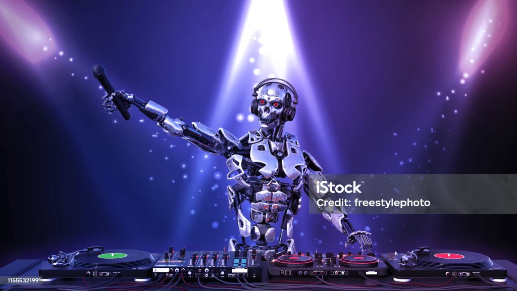 DJ robot, Disc Jockey Cyborg tenant le microphone et jouant de la musique sur platines, Android sur scène avec Deejay équipement audio, rendu 3D - Photo de Androïde libre de droits