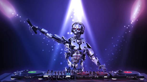 istock DJ Robot, disc jockey cyborg holding microphone and playing music on turntables, android on stage with deejay audio equipment, 3D render 1155532199