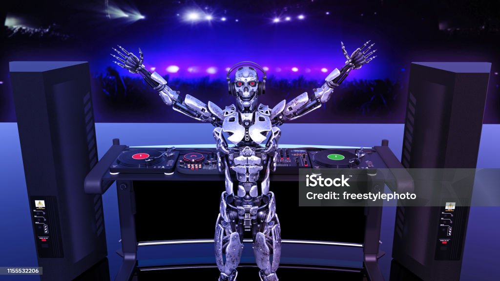 DJ robot, Disc Jockey Cyborg jouant de la musique sur platines, Android sur scène avec Deejay équipement audio, vue arrière, rendu 3D - Photo de DJ libre de droits