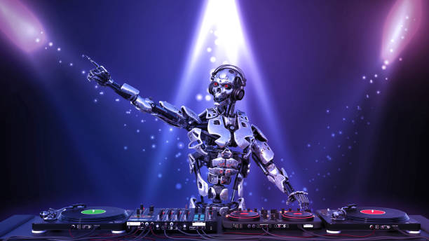 istock DJ Robot, disc jockey cyborg pointing and playing music on turntables, android on stage with deejay audio equipment, 3D render 1155532212