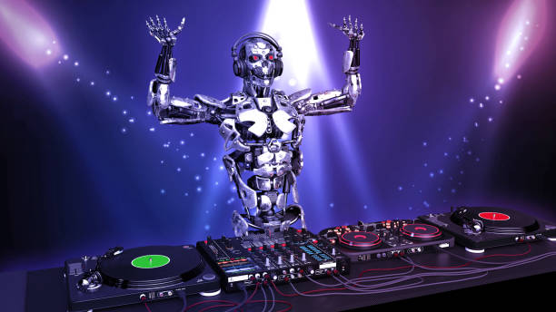 istock DJ Robot, disc jockey cyborg with hands up playing music on turntables, android on stage with deejay audio equipment, 3D render 1155532217