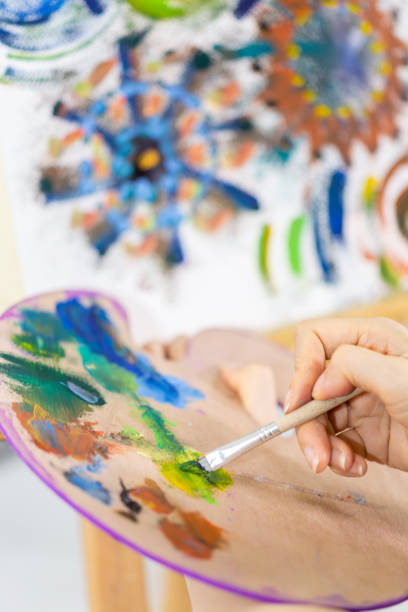 istock Artist painting art, selective focus close-up on palette 1155532968