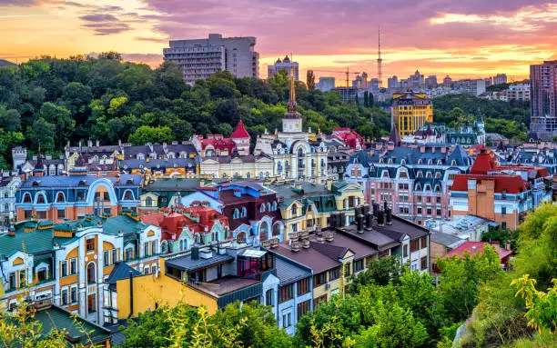 Kiev, Ukraine, the luxury neighborhood of Vozdvyzhenka in the historical city center on dramatical sunset