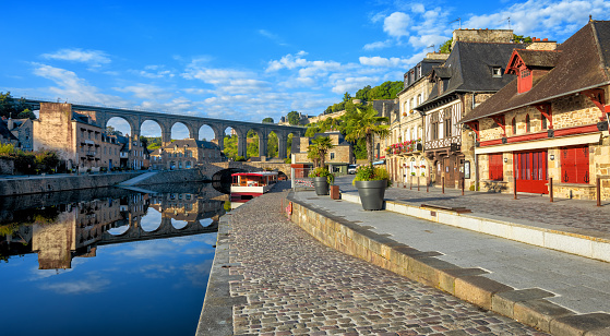 Dinan, panoramic view of the picturesque Old town and the viaduct over the Rance river, Cotes d'Armor, Brittany, France