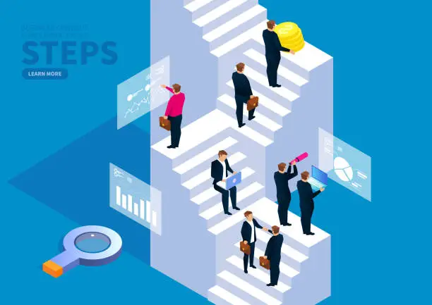 Vector illustration of Progress, a group of business people on the stairs