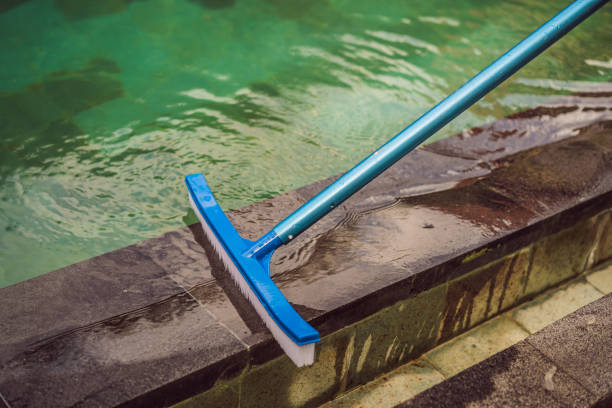 Brush for cleaning the pool on the side of the pool Brush for cleaning the pool on the side of the pool. vacation rental cleaning stock pictures, royalty-free photos & images