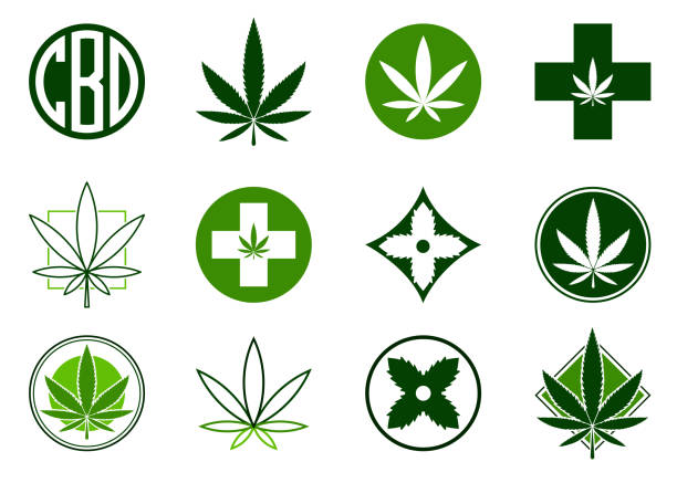 ilustrações, clipart, desenhos animados e ícones de marijuana, ícones do cannabis ajustados.  jogo do logotipo e de ícones médicos e recreativos da marijuana. - cânhamo