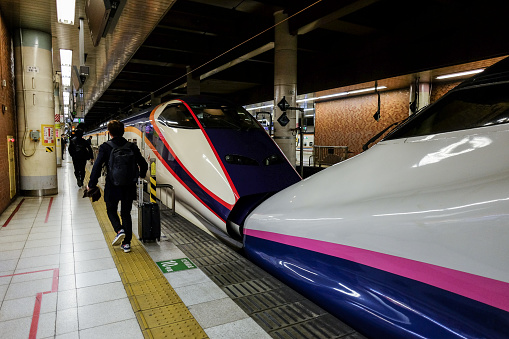 Tokyo, Japan - March 29, 2019: Passengers wait for the departure of Shinkansen (Multi Amenity Express) in the Ueno station, Tokyo, Japan