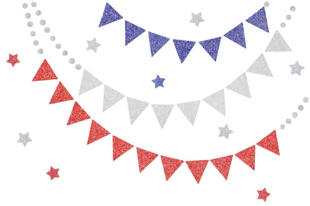 istock Red blue and silver glitter bunting paper cut background 1155552524