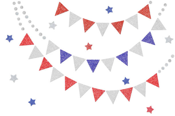 Red blue and silver glitter bunting paper cut background