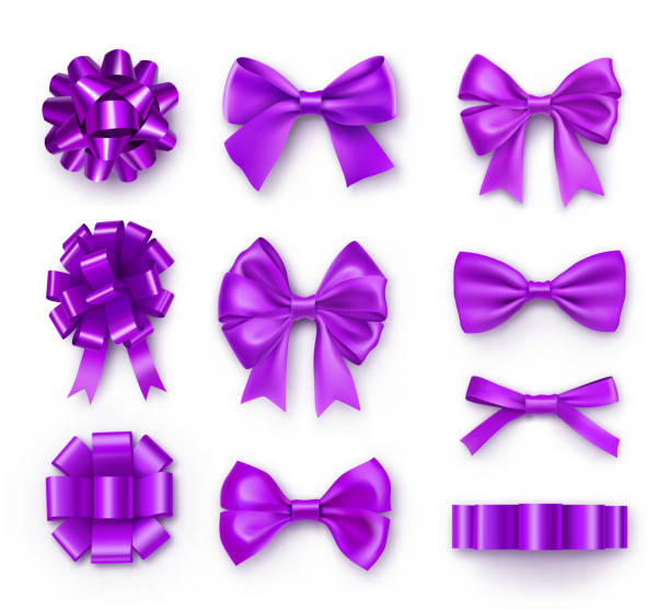 illustrazioni stock, clip art, cartoni animati e icone di tendenza di fiocchi regalo viola con nastri - hair bow