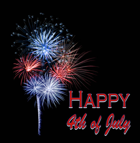 Festive red, white, and blue fireworks display lit up over night sky. Concept for 4th of July celebration.