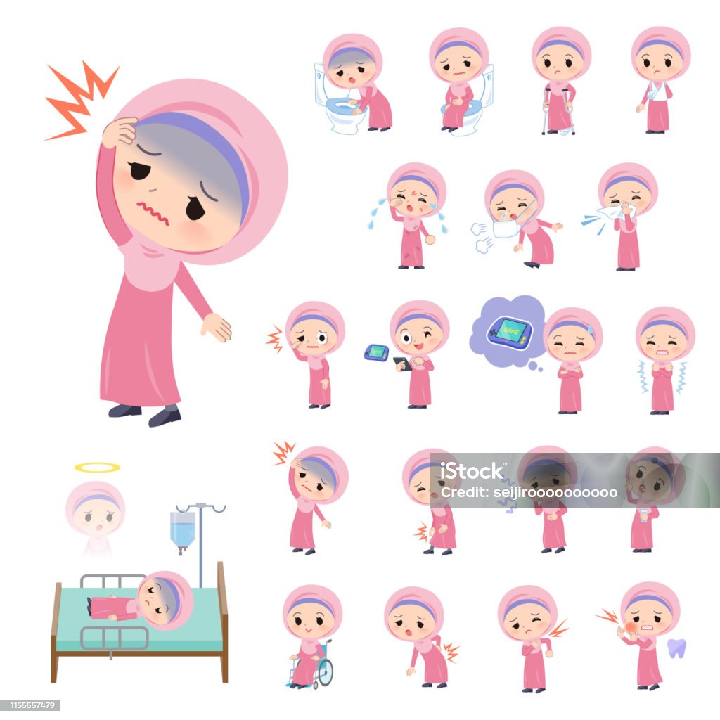 Arab Hijab girl_sickness A set of Islamic girl with injury and illness.There are actions that express dependence and death.It's vector art so it's easy to edit. Addiction stock vector