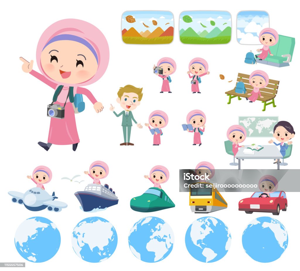 Arab Hijab girl_travel A set of Islamic girl on travel.There are also vehicles such as boats and airplanes.It's vector art so it's easy to edit. Adult stock vector