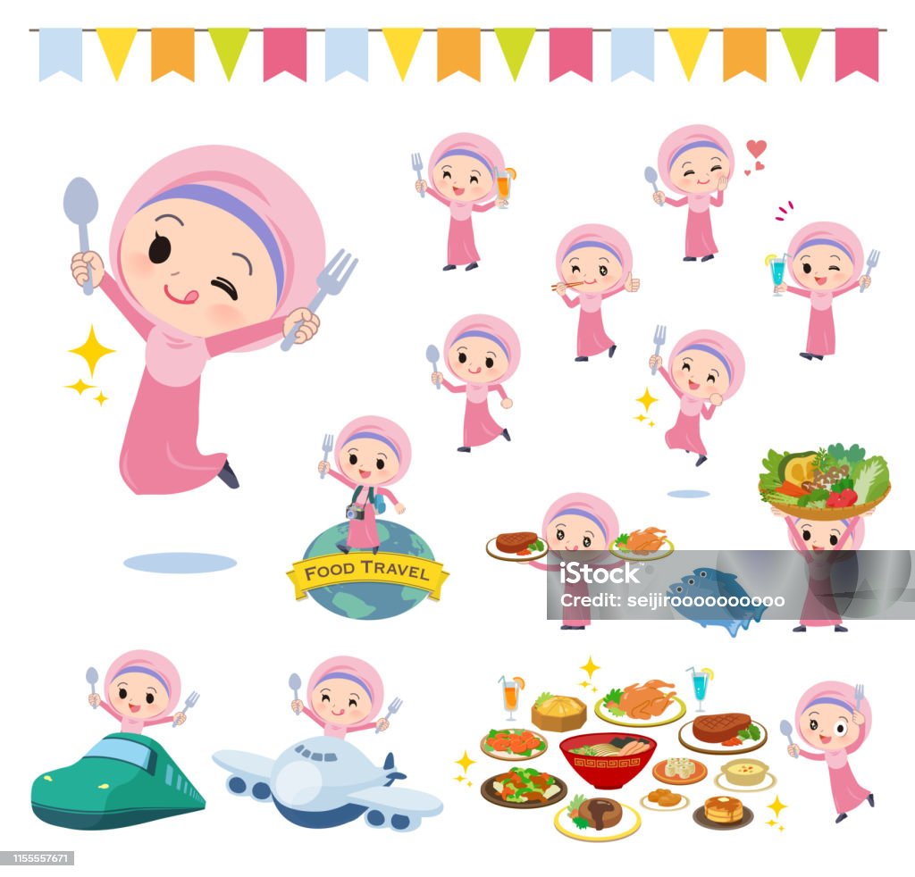 Arab Hijab girl_food festival A set of Islamic girl on food events.There are actions that have a fork and a spoon and are having fun.It's vector art so it's easy to edit. Girls stock vector