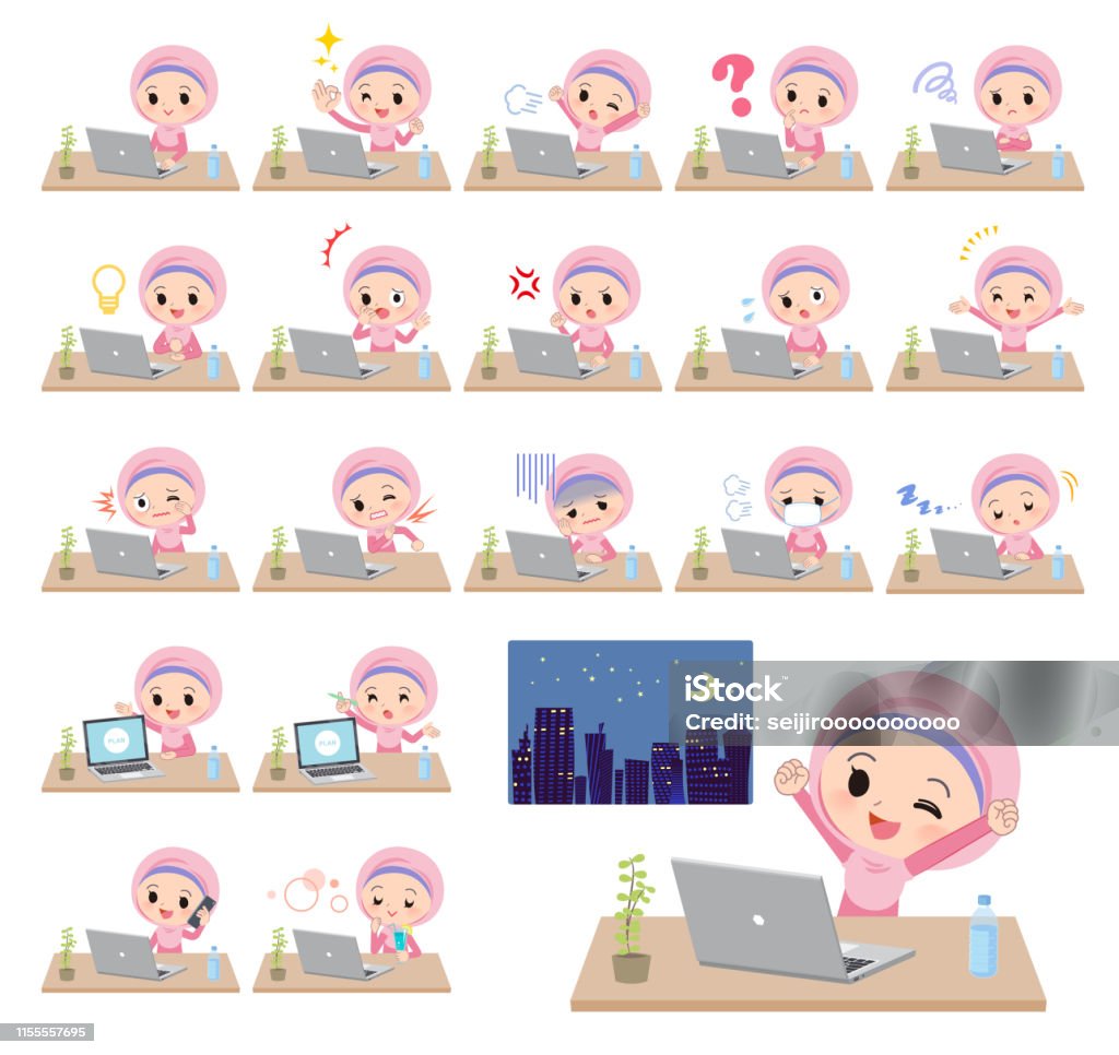 Arab Hijab girl_desk work A set of Islamic girl on desk work.There are various actions such as feelings and fatigue.It's vector art so it's easy to edit. Adult stock vector