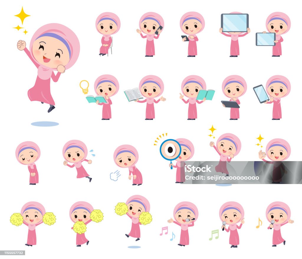 Arab Hijab girl_Action A set of Islamic girl with digital equipment such as smartphones.There are actions that express emotions.It's vector art so it's easy to edit. Adult stock vector